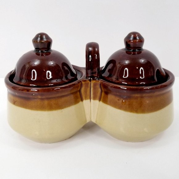 Vintage Condiment Serving Set Stoneware Brown Lids